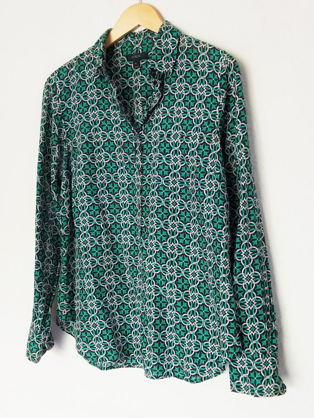 J. Crew Green Chain Link Popover Shirt Top Size 8 Green Navy Cotton Silk Blend